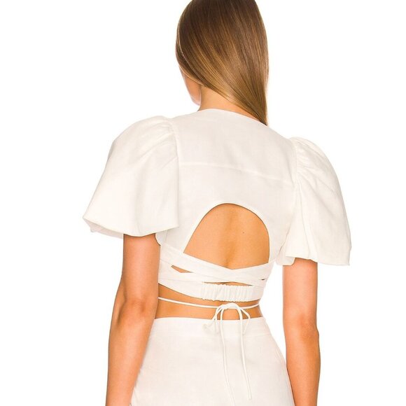 Jonathan Simkhai White Sadie Puff-Sleeve Wrap Crop Top NWT - Size L - Picture 7 of 8